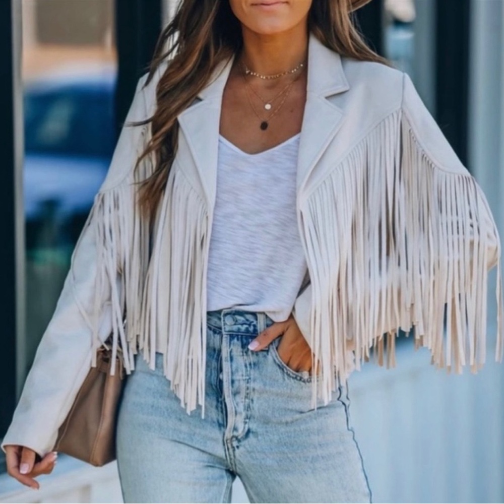 Flawless- Walford Cropped Faux Suede Fringe Jacket - Size L - Picture 6 of 10